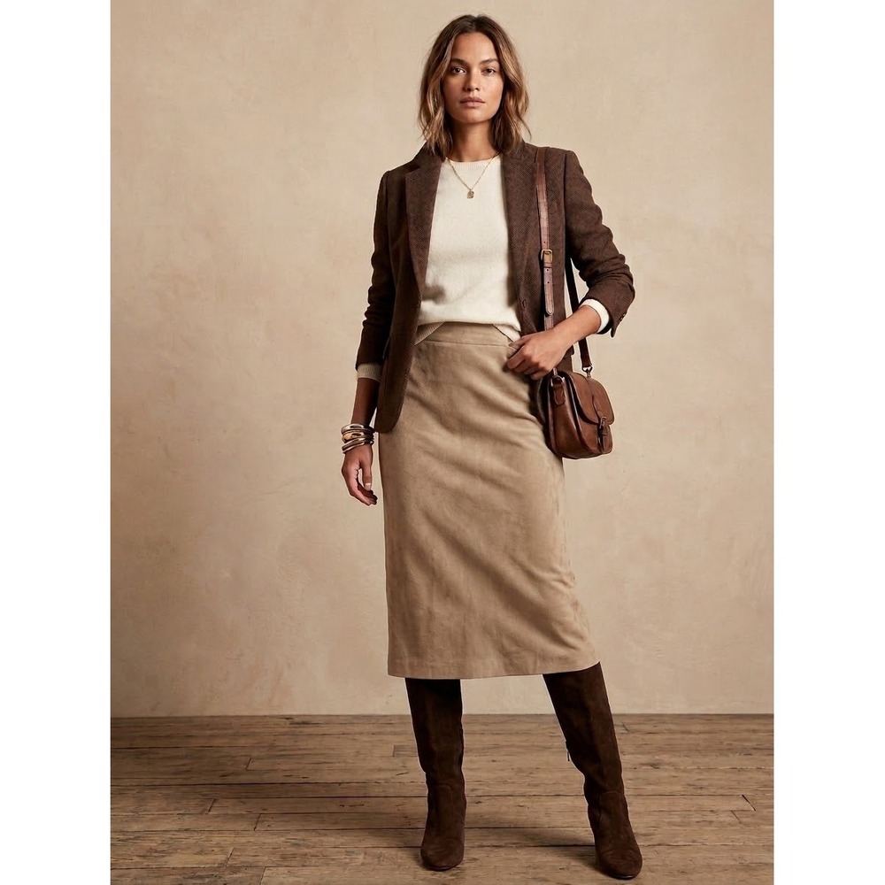 Zara Faux Suede Midi Skirt Tan Camel Brown Size Medium M High Waist Minimalist